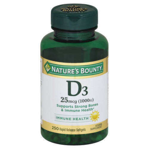 Vitamin Supplement. Supports strong bones & immune health. Immune health. Nearly 50 years of trusted quality. At Nature's Bounty, we are committed to your health. For nearly 50 years we have been making trusted products, backed by science, and made with only the purest ingredients - guaranteed. So you can get the most out of life every day. Your sunshine vitamin. Guaranteed quality. Laboratory tested. Non-GMO, No artificial color, no artificial flavor, no artificial sweetener, no preservatives, no sugar, no starch, no milk, no lactose, no gluten, no wheat, no yeast, no fish. Sodium free. Nutrition questions or comments? Call 1-800-433-2990 Mon-Sat 9 am - 7 pm ET. Join our Loyalty Program at NaturesBountyRewards.com. (This statement has not been evaluated by the Food and Drug Administration. This product is not intended to diagnose, treat, cure or prevent any disease.) Made in the USA with select ingredients from around the world.
