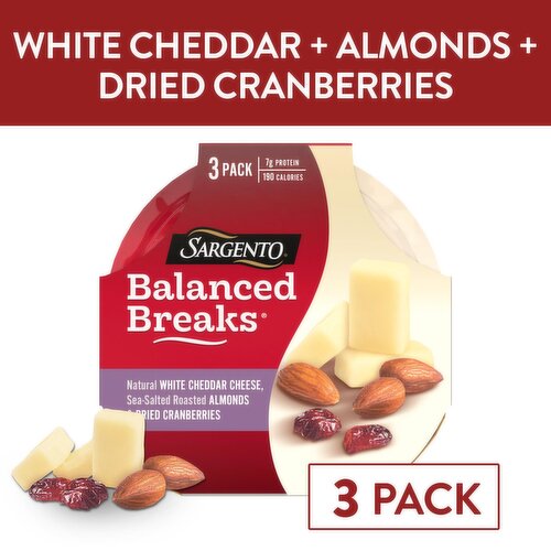 SARGENTO Balanced Breaks® Snacks Natural White Cheddar Cheese, Sea-Salted Roasted Almonds and Dried Cranberries, 3-Pack