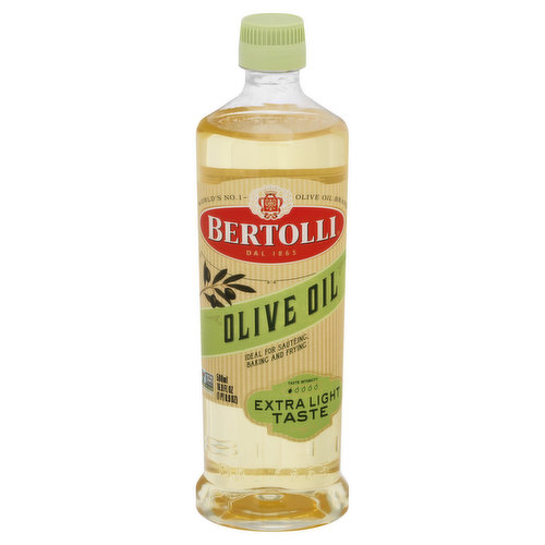 Non GMO Project verified. nongmoproject.org.  World's no. 1 olive oil brand. Dal 1865. Ideal for sauteing, baking and frying. Ideal for every type of cuisine. Bertolli Olive Oil Extra Light Taste is best for sauteing, all types of baking and frying. bertolli.com. 1-800-908-9789 or visit bertolli.com. Country of Origin (AR: Argentina, CL: Chile, GR: Greece, IT: Italy, MA: Morocco, PE: Peru, PT: Portugal, TN: Tunisia).