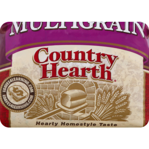 Lightly sweetened multigrain brad with a smooth texture. Nutrition matters. Based on a 1 Slice Serving: 90 calories; 1.5 g total fat (2% DV); 0 g sat fat (0% DV); 170 mg sodium (7% DV); 3 g total sugars; 2 g fiber (4% DV). Pan-0-Gold is committed to baking products that are great tasting and nutritious. This nutrition guide is designed to help you make informed choices for your family. The nutrients listed and the values that they represent are based on a 2,000 calorie diet. No high fructose corn syrup. Lightly sweetened multigrain bread with a smooth texture. Baked locally. Every bite of our Multigrain bread serves up hearty goodness with a smooth texture. With grains like oats and barley combining with the light sweetness of brown sugar, Country Hearth gives you and your family the delicious taste you've been looking for in a multigrain bread. www.panogold.com. Earn money for your schools. 1. Buy Country Hearth and Village Hearth products. 2. Clip and save the UPC proof of purchase. 3. Drop the UPCs into your school's collection box. 4. A check is mailed to your school. For more information, visit loaves4learning.com. The baker of Country Heart and Village Hearth are proud to support local K-12 education with Loaves 4 Learning. Scan this QR code with your smartphone to learn more about the program at our website, loaves4learning.com. We can all make a difference! Plastic bags are recycled into many different products. Most plastic bags are recycled into composite decking but can also be reprocessed into post consumer resin which can be recycled into a variety of products such as new bags, pallets containers and crates. Go green. Please recycle me with your grocery store bags. Made in USA from domestic and imported ingredients.