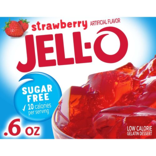 Jell-O Sugar Free Strawberry Instant Gelatin Mix packs all the flavor without the sugar into a convenient mix for quick, easy preparation. Delicious strawberry flavor makes this sugar free gelatin a refreshing treat perfect for everyday snacking or special occasions. This strawberry gelatin is fat free per serving and also a low-calorie option at 10 calories per serving. Whether you serve it as a gelatin low calorie dessert or use it in a strawberry gelatin cake or gelatin drink, you can feel good about sharing with your family. Simply mix the 0.6 ounce box of strawberry gelatin mix with boiling water, add cold water, and refrigerate to set. Each box of gelatin mix makes eight 1/2 cup servings.