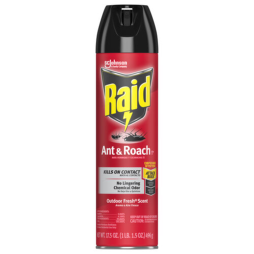 SC Johnson a Family Company. Kills on contact. No lingering chemical odor. Defense system. Attach bugs (Use to kill ants, roaches and other listed bugs on contact. Avoid spraying near baits to make sure bugs can bring the bait back to where they hide). Controls bugs (Use a Raid Ant or Roach Bait product to kill ants or roaches where they hide. For heavy infestations, first use a Raid Fogger or Fumigator product and then place baits to provide ongoing control. Read the label to find the right product for your bug problem). Prevent bugs (Use a Raid Max Bug Barrier product to keep ants, roaches and other listed bugs out. Or, spray this product along baseboards, inside cracks, and behind appliances. Do not spray surfaces with more than one pest control product. Read the label to find the right product for your bug problem.). A family company since 1886. - Fise Johnson. Defense system. Helps you work smarter, not harder, to fight bugs. Use This Product To: Kill bugs on contact. Use Other Raid Products To: Kill bugs at the source; keep bugs out. Raid Ant & Roach Killer 26 Kills roaches in two ways: 1) It kills bugs fast - on contact and 2) it keeps on killing with residual action indoors even after you spray, for up to 4 weeks. Kills: ants, roaches, crickets, earwigs, household spiders, multi-colored Asian lady beetles, silverfish, stinkbugs. Contains No CFCs or other ozone depleting substance. Federal regulations prohibit CFC propellants in aerosols.