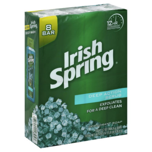 12 hr deodorant protection. Exfoliates for a deep clean. Great clean fresh scent. Scrubbing beads inspired by celtic rock salt. Also try Irish Spring body wash. Cartons made from 100% recycled paperboard: 35% post-consumer content. Questions? 1-800-221-4607; www.irishspring.com. Save water. www.colgate.com/savewater.
