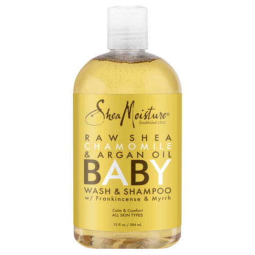 W / frankincense & myrrh. Made with fair trade shea butter. Established 1912. All skin types. Calm and comfort baby's delicate skin with this sulfate-free body wash and shampoo. Our special blend of Chamomile and Fair Trade Shea Butter helps soothe skin with calming moisture. Argan Oil, Frankincense & Myrrh Extracts keep skin soft and smooth. Fair Trade Shea Butter: Deeply moisturizes and nourishes skin with vitamins and essential fatty acids. Chamomile: Calming properties help soothe skin. Argan Oil: High in vitamin E, keeps skin soft and smooth. Natural ingredients may vary in color and consistency. Tested on our family for four generations. Never on animals. Our Story: Sofi Tucker started selling Shea Nuts at the village market in Bonthe, Sierra Leone in 1912. By age 19, the widowed mother of four was selling Shea Butter, African Black Soap and her homemade hair and skin preparations all over the countryside. Sofi Tucker was our Grandmother and SheaMoisture is her legacy. Through Community Commerce you help empower disadvantaged women to realize a brighter, healthier future. Family founded & operated. No parabens. No phthalates. No mineral oil. No sulfates. sheamoisture.com. Certified B Corporation. This packaging contains a minimum of 25% post consumer resin. Cruelty free. No animal testing. Ethically traded. Sustainably produced. Manufactured in the USA using globally-sourced ingredients.