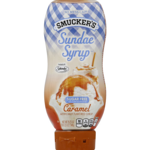 No mess cap! Sweetened with Splenda Brand. Not a low calorie food. Artificially flavored syrup. Per 2 tbsp: 90 calories; 0 g sat fat (0% DV); 65 mg sodium (3% DV); 0 g sugars. At Smucker's, we think the very best days are sundaes. Decorate dessert. Mix up a milkshake. Complement your coffee. Dip your fruit. Need more? Questions? Comments? 1-888-550-9555. smuckers.com.