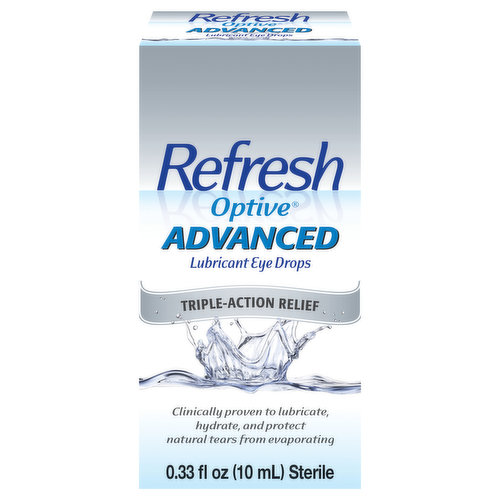 REFRESH OPTIVE ADVANCED Lubricant Eye Drop is a triple-action formula that lubricates and hydrates dry, burning, irritated eyes, and helps prevent tears from evaporating. It also features HydroCell™ technology which enables hydration and maintains the volume of cells on the eye's surface. The result? Triple-action relief for eye dryness and discomfort. TRUST YOUR EYES TO REFRESH—#1 doctor recommended with over 30 years of experience.* (*REFRESH Family of Products, Ipsos Healthcare, 2021 REFRESH ECP Recommendation Survey.)
