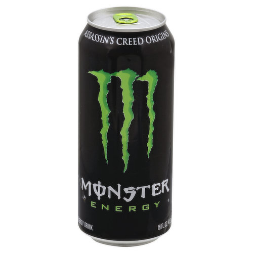Monster Energy Blend: Glucose, taurine, panax ginseng extract, l-Carnitine, caffeine, glucuronolactone, inositol, guarana extract, maltodextrin. Caffeine from All Sources: 80 mg per 8 fl. oz. serving (160 mg per can). Assassin's Creed Origins. (hashtag)Monstergaming. www.monsterenergy.com.