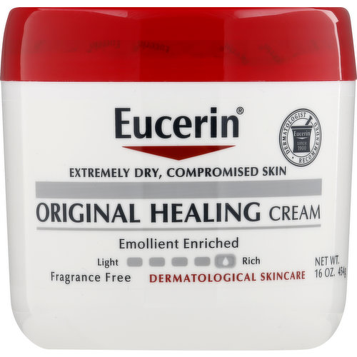 Extremely dry, compromised skin. Emollient enriched. Rich. Fragrance free. Dermatological skincare. Dermatologist recommended. Eucerin since 1900. Eucerin, with over 100 years of skin science innovation, offers a complete range of clinically proven solutions for specific skin needs, backed by an uncompromising commitment to quality. That's why Eucerin recommended by Dermatologists worldwide. Eucerin Original Healing Cream - a long lasting rich for formula that helps heal very dry, compromised skin. Emollient enriched; leaves a soothing layer on skin to lock in moisture. Moisturizes to protect and help heal very dry, compromised skin. Won't clog pores. Dermatologist recommended brand. Drivers long-lasting hydration. Fragrance, dye and paraben-free. Questions? Comments? 1-800-227-4703. Learn more at www.EucerinUS.com. Made in Mexico.