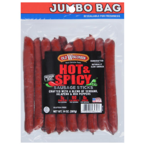Old Wisconsin Sausage Sticks, Hot & Spicy, Medium Heat, Jumbo Bag