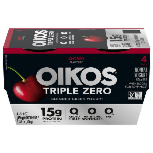 Oikos Triple Zero Yogurt, Nonfat, Blended, Greek, Cherry Flavored, 4 Pack