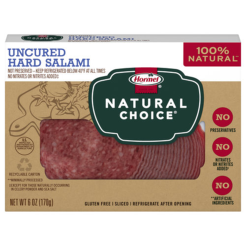 Gluten free. Not preserved. No nitrites or nitrites added (Except for those naturally occurring in celery powder and sea salt). 100% natural (Minimally processed). Since 1891. No preservatives. No artificial ingredients (Minimally processed). Sliced. Wouldn't it be great if all lunchmeat didn't contain preservatives? We think so. That's why we make Hormel natural choice lunchmeat with no preservatives and nothing artificial. Leaving just great tasting lunchmeat. Naturally. U.S. inspected and passed by Department of Agriculture. www.hormelnatural.com. Facebook: facebook.com/hormelnaturalchoice. Pinterest: pinterest.com/hormelnatural. Contact Us: 1-800-523-4635. www.hormelnatural.com. Other Natural Choice Varieties: Honey Ham. Oven roasted turkey. Cracked black pepper deli turkey. - and more. Recyclable carton.