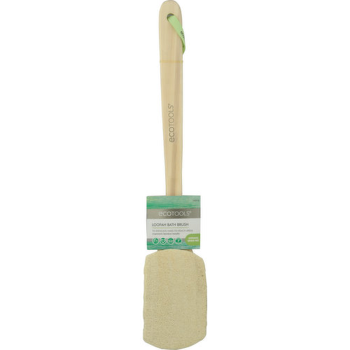 100% vegan. To exfoliate hard-to-reach areas ergonomic bamboo handle. Expands when wet. Look Beautiful. Live Beautifully. The Loofah bath brush is designed with a natural loofah and an ergonomic handle for better control while cleansing and exfoliating. Bamboo handle. Ergonomic. Wet loofah until fully expanded and add favorite body wash. Massage loofah onto skin to exfoliate while focusing on hard to reach areas such as back and legs. After use, rinse and hang to air dry. 4 deep exfoliation. Cruelty Free. Tree-Free Paper. Renewable bamboo. Made in China.