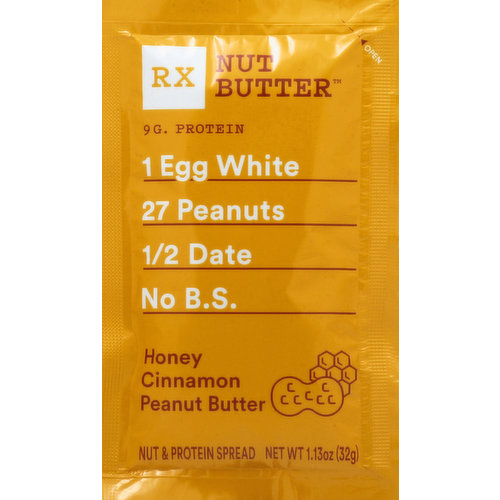 9 g. protein. Gluten free. 1 egg white. 27 peanuts. 1/2 date. No B.S. Quantities of ingredients listed on front determined by net weight. www.rxbar.com.