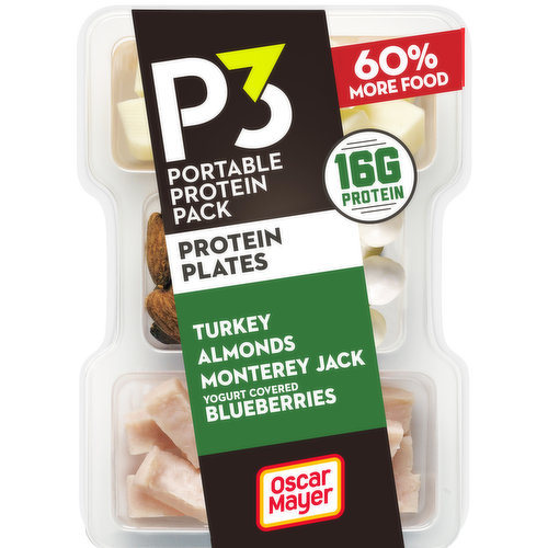 P3 Portable Protein Snack Pack & Protein Plate with Turkey, Almonds, Jack Cheese & Yogurt Covered Blueberries