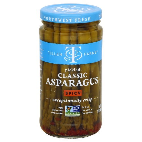 Exceptionally crisp. Vegan. Gluten-free. Tree nut free. Fat free. Low calorie. Low sodium. Non GMO Project verified. nongmoproject.org. Northwest fresh. Occasionally, you may notice a grey flecking on the asparagus. This is a perfectly edible pure protein which occurs naturally during the pickling process. Facebook. Twitter. Instagram. Pinterest. Tillenfarms.com. info(at)tillenfarms.com. Our Classic Asparagus are grown and locally processed in Washington States' famed Yakima Valley. Picked at their peak of perfection during a short growing season, Tillen Farms Classic Asparagus are uniquely processed to maintain their exceptional crispiness and fresh from the field flavor. Hand sorted & hand packed.