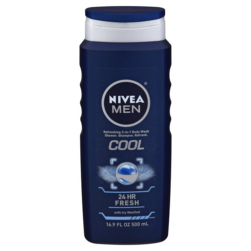 Refreshing 3-in-1 body wash shower. Shampoo. Refresh. 24 hours fresh. With icy menthol. Leaves skin feeling cool and fresh. Nivea Men is specially crafted for men’s skin needs with Nivea men’s signature masculine fragrance. Dermatologically tested. www.niveamenusa.com. Questions? Comments? 1-800-227-4703; www.niveamenusa.com. Made in Mexico.