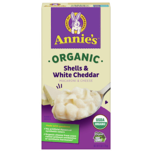 Annie's Organic Shells and White Cheddar Macaroni and Cheese is a hit that gets the whole family hopping to the table. This certified organic mac and cheese is simple to prepare and made with real cheese and pasta. The same love that you put into family meals goes into every box of Annie's Macaroni and Cheese. Kids will love the creamy taste of white cheddar cheese, and parents will love the convenient, consistent goodness of a wholesome meal addition. Try it yourself and taste the yumminess!

Annie's makes products in over 20 family-friendly categories — from fruit-flavored snacks and cereal to mac & cheese. For busy bunnies and families on the go, we help make life a little easier and more delicious by sweetening-up packed lunches or by adding to a savory, yummy dinner. Annie’s is devoted to spreading goodness through nourishing, tasty foods and kindness to the planet.