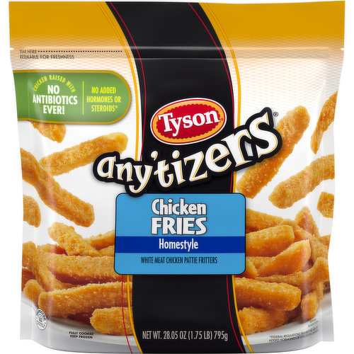 Take snack time to the next level with Tyson Any'tizers Homestyle Chicken Fries. Made with chicken raised with no antibiotics ever and seasoned with savory spices, these breaded chicken fries are an ideal shape for dunking into your favorite sauce. Ready to heat and eat Homestyle Chicken Fries are made with chicken raised with no antibiotics for delicious party snacks and appetizers that please the whole crowd.