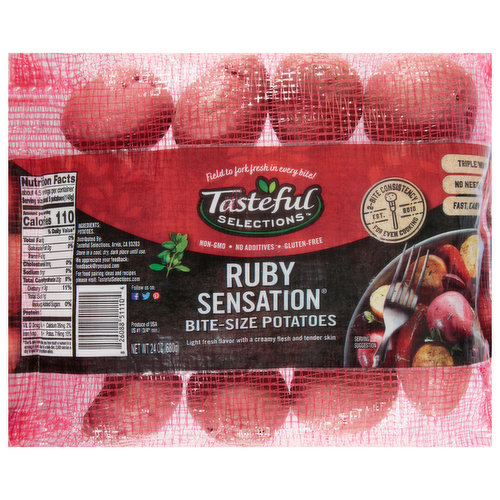 A light fresh flavor complements this potato’s creamy flesh and tender skin. If you love red potatoes, you will love our Ruby Sensation® potatoes! Perfect for summer salads or a quick weeknight meal.  These baby potatoes are packed with nutritional powers including Vitamin C, B6, Iron, Protein and provide more Potassium than a banana. Baby potatoes are a whole food, naturally gluten-free, high in fiber and rich in minerals with no additives or GMOs. Because they aren’t refined or have sugar added, they are a complex carbohydrate (good carbs) that is absorbed slowly into the body and keeps you feeling fuller longer with energy to burn.• Pre-Washed to save you time in the kitchen• No need to peel-Thin skinned but NOT thin on taste!• Fast, Easy Prep• For additional information and recipes, visit tastefulselections.com