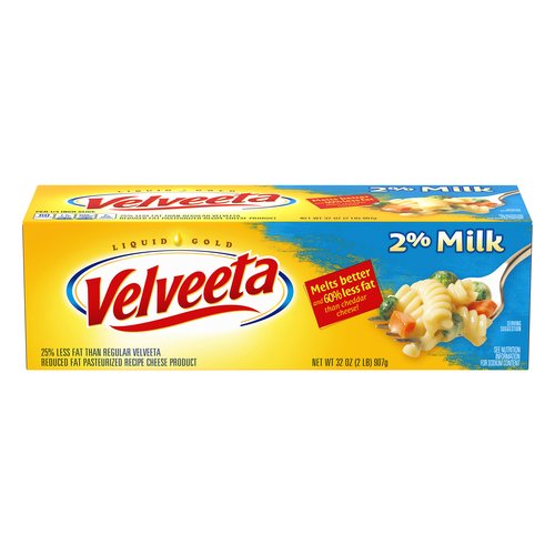 Per 1/4 Inch Slice: 60 calories; 1.5 g sat fat (7% DV); 400 mg sodium (17% DV); 2 g total sugars. Facts Per Serving: This Product: 3 g fat; Regular Velveeta: 4 g fat; Cheddar Cheese: 9 g fat. 2% milk. Melts better and 60% less fat than cheddar cheese! 25% less fat than Regular Velveeta Reduced Fat pasteurized recipe cheese product. See nutrition information for sodium content. Liquid gold. velveeta.com. Visit us at: velveeta.com; 1-800-634-1984. Please have package avaialble. Try Velveeta Cheese Sauce!