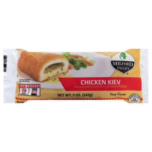 Raw breaded white chicken patty filled with butter blend. Raw chicken. Do not microwave. Oven bake only. Inspected for wholesomeness by Department of Agriculture. www.milfordvalley.com. Coupons. Products. Recipes.