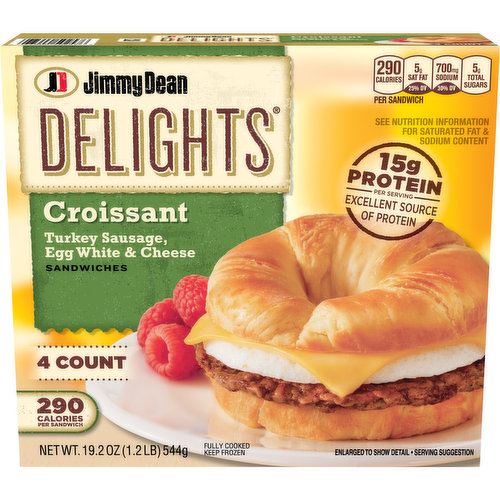 Jimmy Dean Delights Turkey Sausage, Egg White & Cheese Croissant Sandwiches help give more power to your mornings. This Jimmy Dean breakfast sandwich features turkey sausage, egg whites, cheese and a flaky croissant. With 15 grams of protein per serving, this breakfast croissant will jump start your morning. Prepare this frozen breakfast sandwich in the microwave. Keep frozen to preserve freshness.