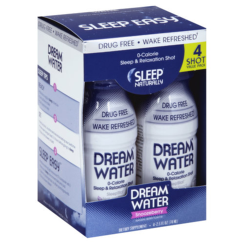 Dietary Supplement. 0 - calorie. Gluten free. Sleep naturally. Natural berry flavor. Drug free. Wake refreshed. Fast acting. Breakthrough Innovation & Scientific Discovery: Convenient size & fast acting liquid form. Developed with sleep & relaxation experts. Features the unique SleepStat Natural Blend. This proprietary & natural formula includes three proven ingredients to help you relax and fall asleep: Gaba, which should help reduce anxiety, Melatonin, which should help induce sleep, 5-Htp, which should help improve sleep quality. www.drinkdreamwater.com. Please recycle. Pretty please. Scientifically formulated sleepstat. (These statements have not been evaluated by the Food & Drug Administration. This product is not intended to diagnose, treat, cure, or prevent any disease.) Manufactured in the USA (with worldwide ingredients).