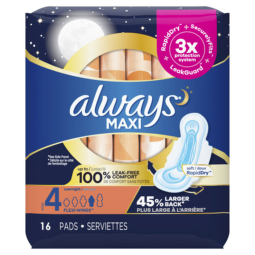 Always Maxi Size 4 Overnight Pads Without Wings