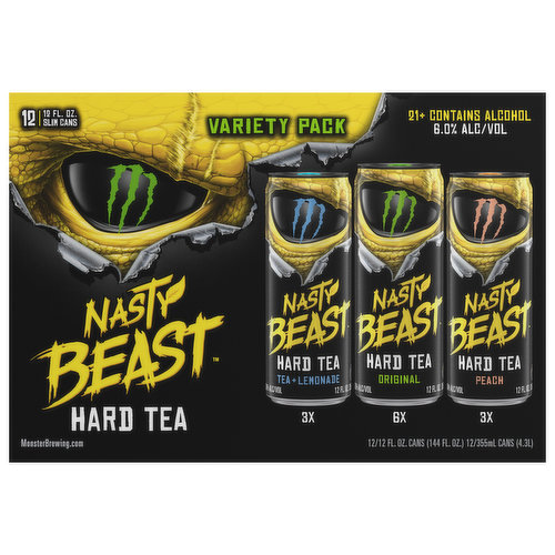 Monster Nasty Beast Hard Tea, Tea + Lemonade, Original, Peach, Variety Pack