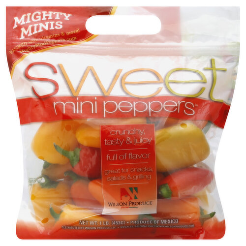 Mighty minis. Packed with vitamins & more! MightyMiniPeppers.com. Crunchy, tasty & juicy. Full of flavor. Great for snacks, salads & grilling. www.wilsonproduce.com. Mighty mini facts: Low-calorie snack. High in vitamin C. High in fiber. Full of flavor. Produce of Mexico.