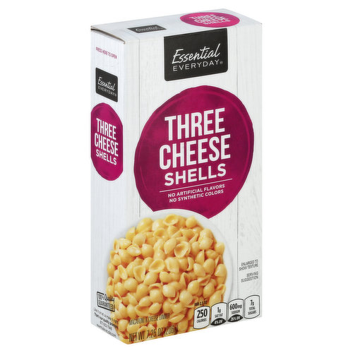 Macaroni & cheese dinner. Per 2.5 oz: 250 calories; 1 g sat fat (4% DV); 600 mg sodium (26% DV); 7 g total sugars. No artificial flavors. No synthetic colors. Great products at a price you'll love - that's Essential Everyday. Our goal is to provide the products your family wants, at a substantial savings versus comparable brands. We're so confident that you'll love Essential Everyday, we stand behind our products with a 100% satisfaction guarantee. 100% Quality Guaranteed: Like it or let us make it right. That's our quality promise. For recipes, visit www.essentialeveryday.com. 877-932-7948; essentialeveryday.com. 100% recycled paperboard.