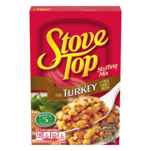 For turkey with real turkey broth. Per 1/6 Box (Unprepared): 110 calories; 0 g sat fat (0% DV); 370 mg sodium (16% DV); 2 g total sugars. See nutrition facts for as prepared. Ready in 5 minutes. Makes six 1/2 cup servings. Kraftheinzcompany.com. how2recycle.info. Visit us at: Kraftheinzcompany.com. 1-800-431-1003 please have package available. Carton made from 100% recycled paperboard. Minimum 35% post-consumer content.