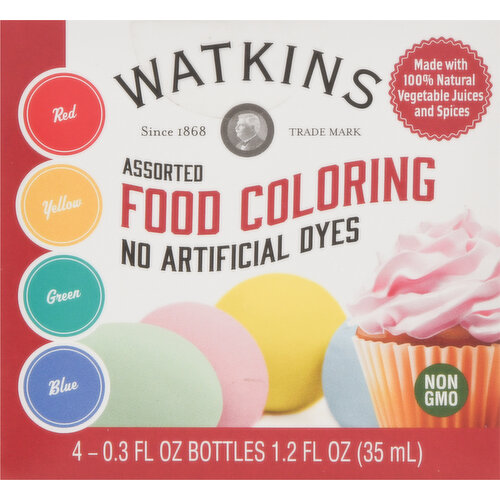 J R Watkins Natural Food Coloring Assortment Pack 4 Different Colors: Red  Yellow Green Blue - Hobby Homebrew