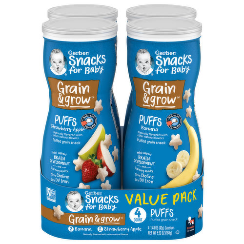 Gerber Snacks for Baby Puffs, Grain & Grow, Crawler (8+ months), Strawberry Apple, Banana, Value Pack