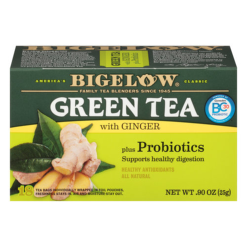 Bigelow Green Tea, Ginger, Plus Probiotics, Tea Bags