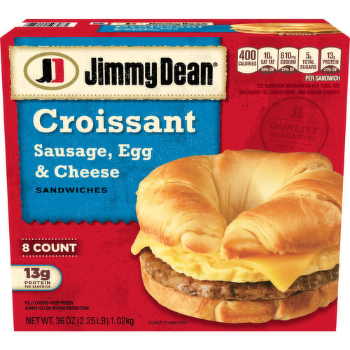 Rise and shine for a warm croissant meal. Savory pork sausage, eggs and cheese come together in a buttery croissant sandwich for a perfect start to your day. With 13 grams of protein per serving, Jimmy Dean Sausage, Egg & Cheese Croissant Breakfast Sandwiches give you fuel to help get you through your morning. Simply microwave each frozen croissant breakfast sandwich. Serve at home or eat on the go.