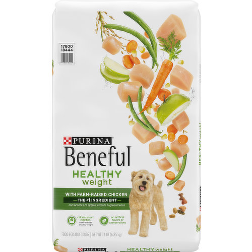 Calorie Content (Calculated)(ME): 3156 kcal/kg, 307 kcal/cup. Beneful Healthy Weight with Farm-Raised Chicken is formulated to meet the nutritional levels established by the AAFCO Dog Food nutrient profiles for maintenance of adult dogs. Food for adult dogs. No artificial flavors or preservatives. 26 g of protein per cup. 23 vitamins & minerals. With farm-raised chicken the no. 1 ingredient and accents of apples, carrots & green beans. Calorie-smart nutrition to help maintain a healthy weight. The wholesome ingredients you want. A flavorful recipe your dog will love. Energy-fueling whole grains. Accents of apples, carrots & green beans. Calorie-smart recipe that's 100% complete & balanced for adult dogs. Your pet, our passion. Healthful. Flavorful. Every ingredient has a purpose. Beneful.com/ingredients. Great Taste Guarantee: We're so confident your dog will love the taste of this recipe, if he doesn't lick his bowl clean, we'll give your money back. Cut out the Best if used by date box from this bag. Send within 60 days of date on receipt along with your original purchase receipt with the price circled, a brief explanation of why you were dissatisfied with the product, and your name and street address (PO Box not accepted) to: Satisfaction Guarantee, PO Box 340, Neenah, WI 54957. Offer good only in USA, APOs and FPOs. The Purina Promise: Our promise to you is sealed inside every package - including this one. Every ingredient we source and every facility we own is held to our highest standards for quality, safety and the never-ending pursuit of breakthrough nutrition. Pets are our passion. Safety is our promise. Progress is our pledge. Follow us at purina.com. Purina.com. how2recycle.info. Twitter. Facebook. We're Listening: Visit us online at Purina.com or call 888-Beneful (1-888-236-3385). Crafted in USA facilities. Prepared in our own USA facilities.