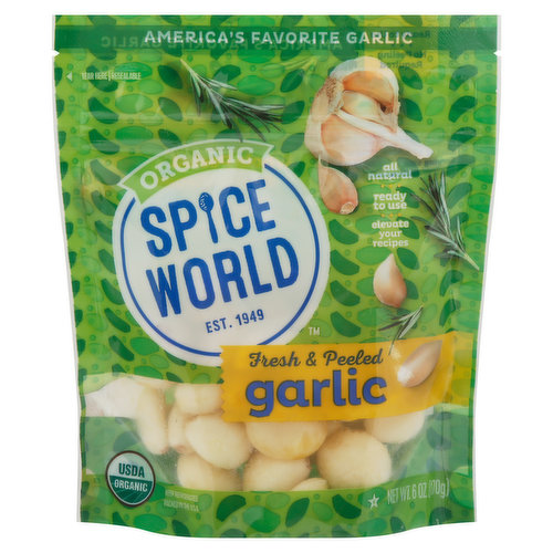 America's favorite garlic. All natural. Ready to use. Elevate your recipes. Est. 1949. No peeling required. Whole peeled garlic cloves. Fresh from the Field: Since 1949, Spice World has always been passionate about the bold, savory flavor of fresh garlic. That passion continues to this day with our freshly harvested garlic that is hand selected, peeled and ready to elevate your favorite recipes, giving you time for flavor!