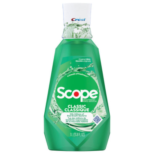 How do you describe the minty fresh flavor that started it all? It’s an original. A classic that leaves your breath feeling clean, and you feeling confident enough to get close. Crest Scope Classic Mouthwash in Original Mint Flavor kills millions of bad breath bacteria, with Scope's minty tingle leaving your breath clean and fresh.