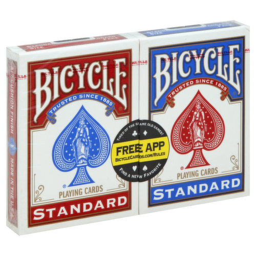 Tired of the same old games? Find a new favorite. Free App: BicycleCards.com/Rules. Trusted since 1885. Every time you open a fresh deck of Bicycle playing cards, you are handling 125 years of expertise. We proudly craft each deck using custom paper and coatings, so you can trust Bicycle performance hand after hand. Air cushion finish. Visit www.bicyclecards.com for more games, rules, and product information. Come to play. bicyclecards.com. Made in the USA.