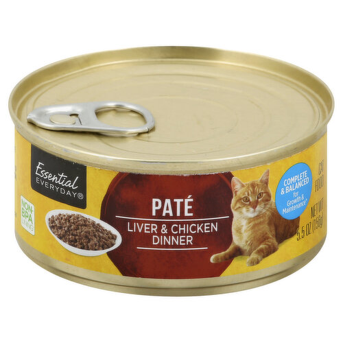 Complete & balanced for growth & maintenance (Essential everyday liver & chicken dinner pate cat food is formulated to meet the nutritional levels established by the AAFCO cat food nutrient profiles for growth and maintenance). Non-BPA lining (Can lining produced without the intentional addition of BPA). essentialeveryday.com. Calorie Content (me Calculated): 1,224 kcal/kg, 190 kcal/can.