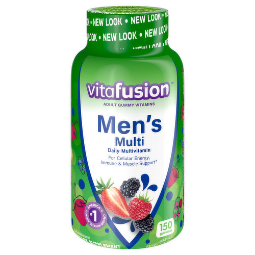 New look. Daily multivitamin. For cellular energy, immune & muscle support. America's no. 1 gummy vitamin brand. Vitafusion Men's Multi gummies are formulated to support the overall health and wellness of men. These little gummies pack a punch of essential vitamins, minerals and natural fruit flavors that help with cellular energy, immune & muscle support. Go attack your day! No high fructose corn syrup. No synthetic FD&C dyes. This product may settle during shipping. Colors will darken over time. This does not alter the potency of the product. Keep out of reach of children. Our Commitment: Green-e: Certified Renewable Energy. Made with 100% certified renewable electricity. Growing Communities with Fruitful Planting: We believe in holistic wellness and realize it's more than just taking vitamins. That's why we support the Fruit Tree Planting Foundation and together have planted more than 200,000 fruit trees in underserved communities. Join our mission vitafusion.com.