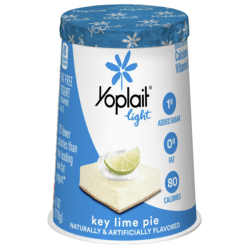 Yoplait Light Key Lime Pie Fat Free Yogurt makes breakfast food and on the go snacks more delicious with the sweet and tart flavors of key lime in every delectable spoonful. Each Yoplait key lime pie yogurt cup delivers perfectly creamy fat free yogurt with only 80 calories and 1 gram of added sugar per serving. These single serve snacks are filled with fat free, gluten free yogurt made with live active cultures, no high fructose corn syrup and no colors from artificial sources. A good source of calcium and vitamin D, this key lime yogurt is a delightful alternative to Yoplait Original low fat yogurt, providing 5 grams of protein and 0 grams of fat in every yogurt snack cup. Make this Yoplait light yogurt a part of your daily routine by grabbing a cup for a breakfast on the go, or pack it in a healthy snack bag to enjoy wherever you go. This fat free flavored yogurt tastes great on its own, paired with fruits and cereal or blended into a yogurt smoothie. Conveniently packaged and portioned in a six-ounce individual snack cup, store Yoplait yogurt in the refrigerator and keep cold until you’re ready to grab a spoon and enjoy. Yoplait yogurt is a participating Box Tops product. Yoplait brings goodness to everyday moments, one serving of yum at a time.