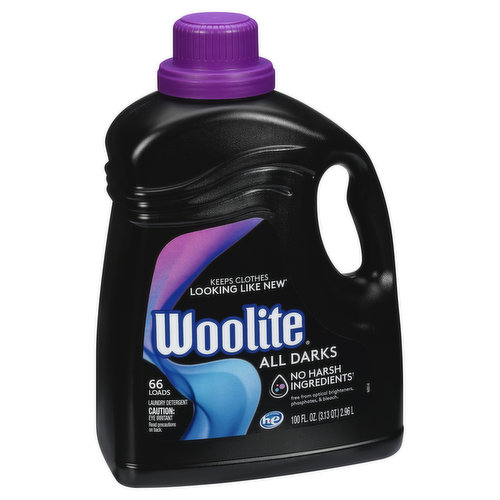 66 loads. Keeps clothes looking like new (Protects against fading for up to 30 washes). No harsh ingredients (Gently cleans without harshness). Free from optical brighteners, phosphates, & bleach. Woolite keeps your clothes looking like new (Protects against fading for up to 30 washes). Woolite All Darks effectively cleans without the harshness. It's free from optical brighteners, phosphates, and bleach. It won't cause fading, shrinking, or stretching. Woolite All Darks is perfect for your go-to jeans, black dress, and all of your dark clothes. Caring Helpers: Tetrasodium Glutamate Diacetate (prevents fading) Polyvinyl Pyridine-N-Oxide (prevents dye depositing) Cellulase (removes fuzz). Gentle Cleaners: Combination of ingredients to gently remove stains, while protecting your clothes. Coconut Soap (Tea Cocoate). Sodium Laureth Sulfate. Sodium (C10-16) Alkyl Benzenesulfonate. C10-16 Alcohols Ethoxylated. Contains no phosphorus. www.rbnainfo.com. Questions? Call 1-800-228-4722. For more ingredient information visit www.rbnainfo.com.