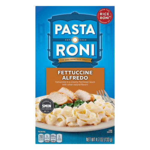 Fettuccine in a creamy parmesan sauce with other natural flavors. Per Serving: 200 calories; 2 g sat fat (9% DV); 590 mg sodium (26% DV); 2 g total sugars. Cooks in 5min. No drain. EST 1958. From the makers of Rice a Roni. The San Francisco treat. Package contains empty space to accommodate grain to seasoning ratio. This package is sold by weight, not by volume. Contents may settle during shipping and handling. pastaroni.com. SmartLabel: Scan for more food information. 1-800-421-2444. Call for more food information. We're here to help. Pastaroni.com or 800-421-2444. Please have package available when calling. Try Rice-A-Roni for another easy homemade meal.