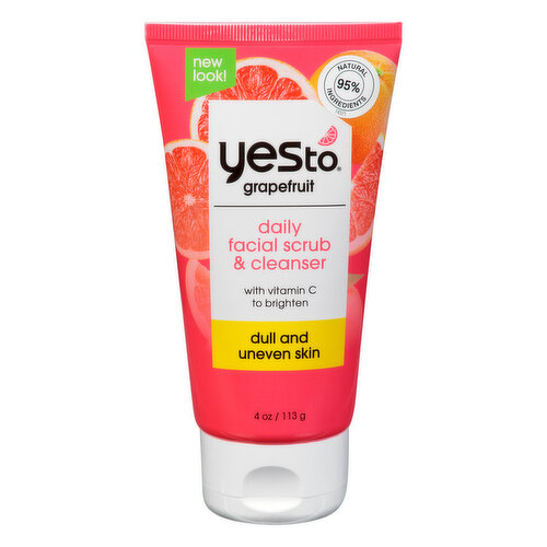 With vitamin C to brighten. New look! 95% natural ingredients. Dull and uneven skin. Yesto. Formulated without parabens and silicones. Yes to with love from California. yesto.com. yesto.co.uk. Questions? Visit yesto.com. Cruelty free. Assembled in USA of U.S. With love from California.
