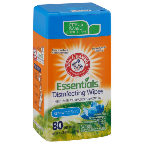 Citrus based disinfection. Cleans without harsh chemicals. Pure & simple cleaning. Arm & Hammer: The standard of purity. Kills 99.9% of viruses (Human Coronavirus, Influenza H1N1, Rhinovirus Type 37, Rotavius) & bacteria. Bleach free. Thick and durable wipes. 2x thicker! Moisture-lock space saving pack. Easy start first wipe is ready to use. Easy to store. Snap-close lid. Stackable. Powerfully pure cleaning. Kills cold & flu viruses (Human Coronavirus, Influenza H1N1, Rhinovirus Type 37). Kills MRSA (Methicillin resistant staphylococcus aureus), Strep (Streptococcus pyogenes), Staph (Staphylococcus aureus), E. Coli (Escherichia coli), Salmonella (Salmonella enterica), Kleb (Klebsiella pneumoniae). Worry-Free Cleaning On: Kitchens (Food contact surfaces must be rinsed with potable water). Bathrooms. Classrooms. Pet Areas. Car Interiors. Gyms. Canister & Lid: Remove label before recycling. Please recycle.