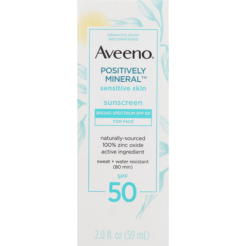 Other Information: Protect this product from excessive heat and direct sun. May stain some fabrics. Dermatologist recommended. Sensitive skin. Naturally-sourced 100% zinc oxide active ingredient. Sweat + water resistant (80 min). Naturally sourced 100% zinc oxide active ingredient. Lightweight formula. Non-comedogenic. Fast-absorbing. Hypoallergenic. Fragrance-free. Paraben-free. Phthalate-free. Dye-free. Dries with a matte finish. TSA travel-friendly size. Heading outside? Aveeno has got your skin covered so that you can enjoy the sun everyday. Aveeno Positively Mineral Lotion with Broad Spectrum SPF 50 For Face contains 100% zinc oxide active ingredient and goes beyond UVA/UVB protection. This oil-free mineral sunscreen is gentle to eyes and skin and layers invisibly under makeup. Dermatologist recommended for over 65 years. www.aveeno.com. Questions? 866-428-3366; Outside US, dial collect 215-273-8755. FSC: Mix - Packaging from responsible sources. www.fsc.org. Care to recycle.
