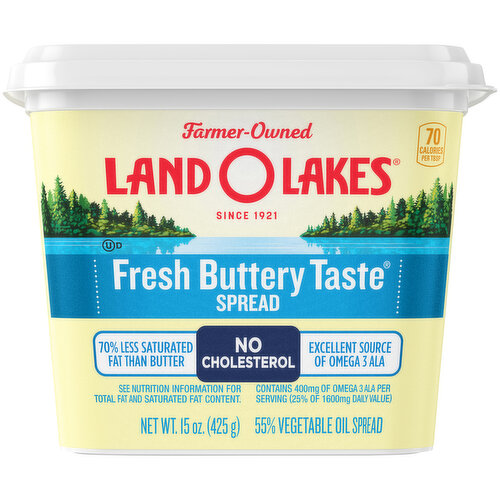 Our Fresh Buttery Taste® Spread gives extra flavor to the food you love, with 70% less saturated fat than butter. Not to mention zero cholesterol and 0g trans fat per serving. Our Fresh Buttery Taste® Spread is a lighter way to enjoy all your favorite foods without any guilt.