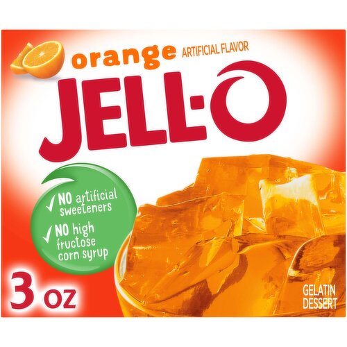 Orange you glad I said Jello? Make a snack for the whole family or try a new Pinterest recipe with Jello Orange Gelatin Dessert Mix. Our delicious gelatin dessert is easy to make, simply add boiling water to the gelatin mix, stir in cold water and put it in the refrigerator to set for about four hours. Jello gelatin mix contains no artificial sweeteners or high-fructose corn syrup, is naturally fat free and has only 80 calories per serving. The cool, fruity taste of Jello Orange Gelatin Dessert Mix is a perfect treat all by itself or it can be used in colorful poke cakes, layered Jello molds, pies and more. Available in a variety of flavors, give your family the tasty treat you know they’ll love with Jello Orange Gelatin Dessert Mix.